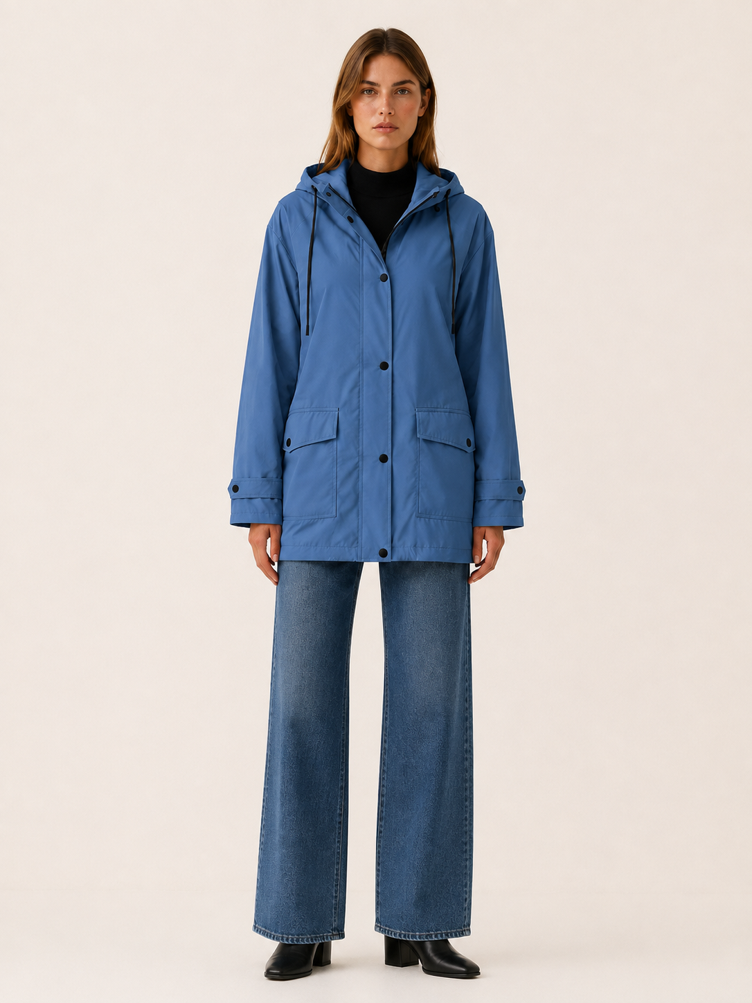 Women's Longline Hooded Rain Jacket with Snap Placket and Flap Pockets