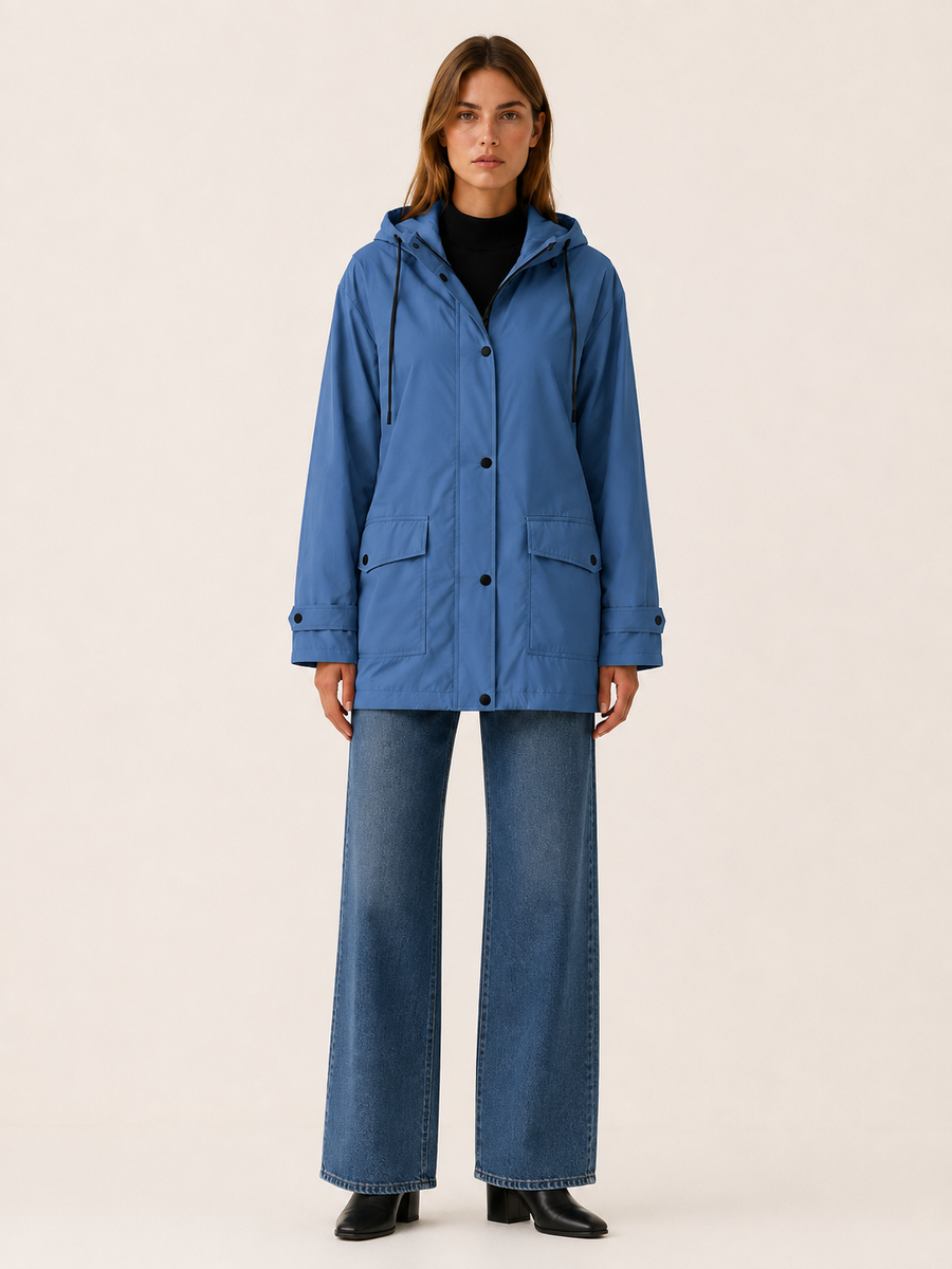 Women's Longline Hooded Rain Jacket with Snap Placket and Flap Pockets