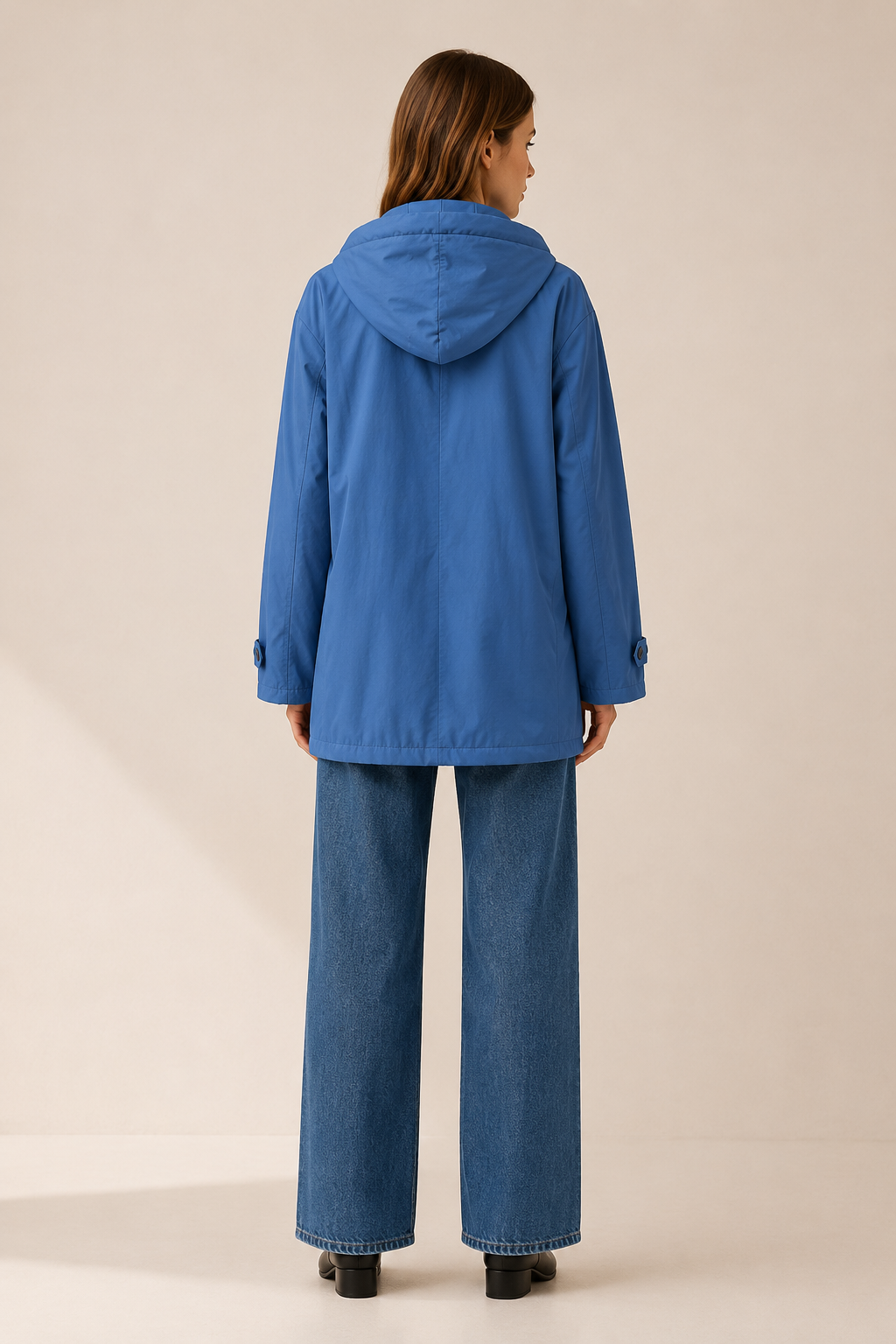 Women's Longline Hooded Rain Jacket with Snap Placket and Flap Pockets