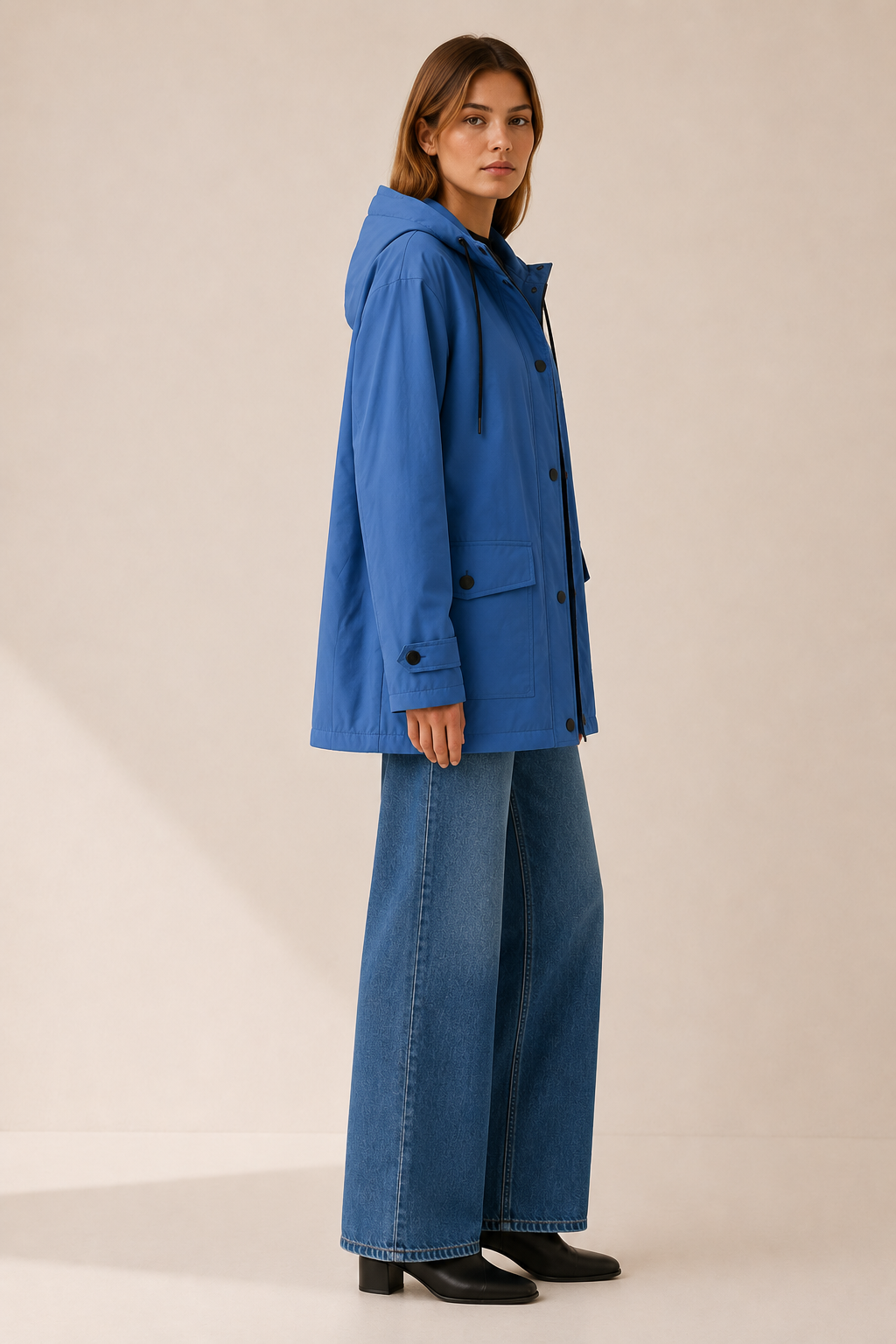 Women's Longline Hooded Rain Jacket with Snap Placket and Flap Pockets