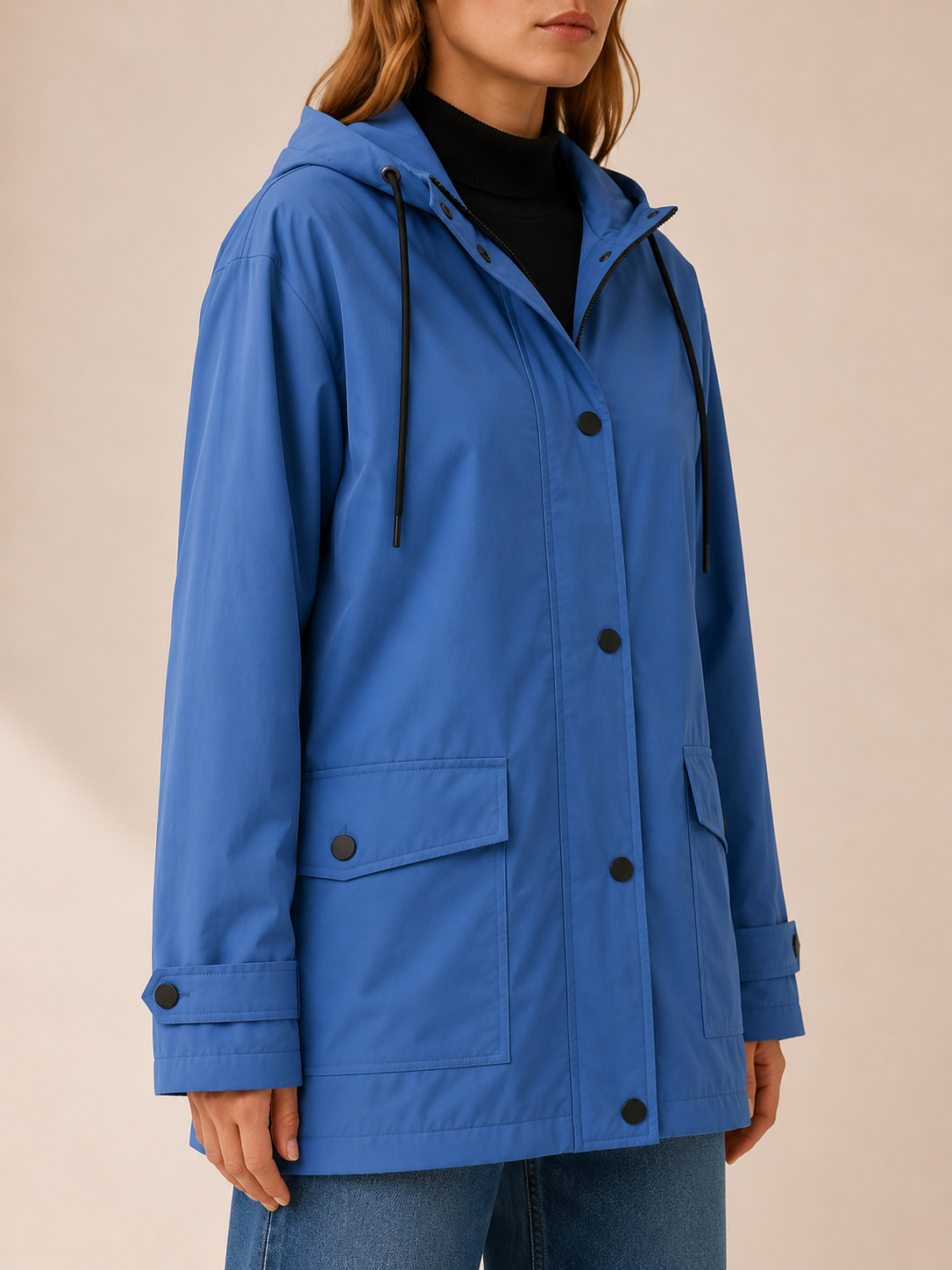 Women's Longline Hooded Rain Jacket with Snap Placket and Flap Pockets