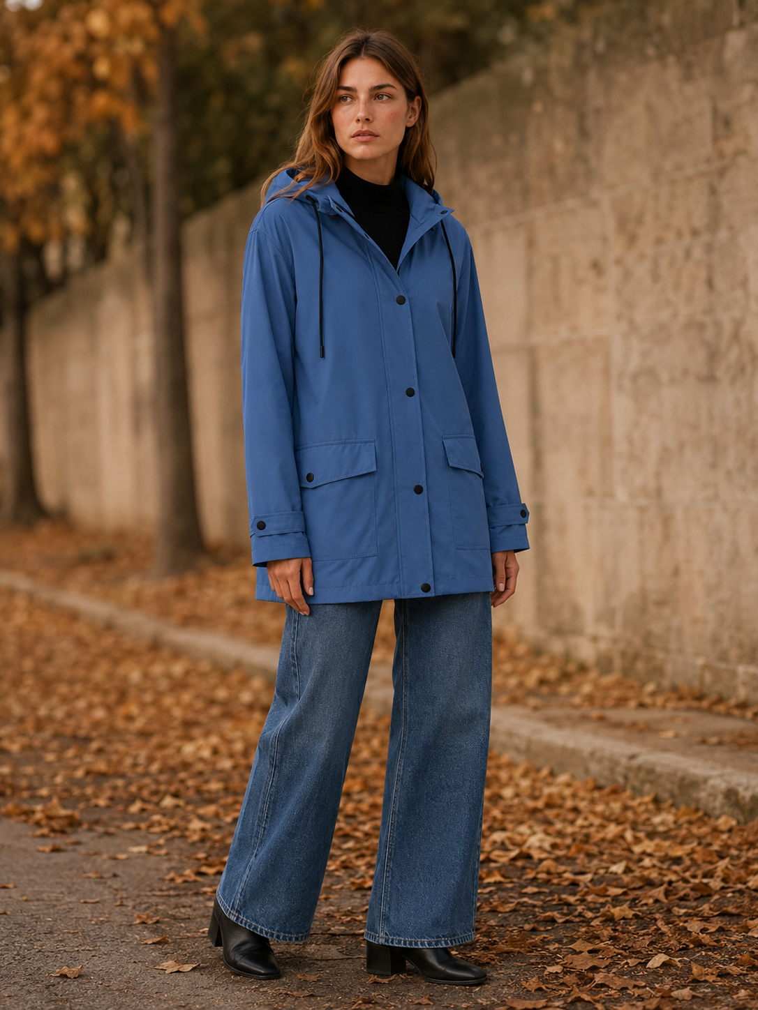 Women's Longline Hooded Rain Jacket with Snap Placket and Flap Pockets