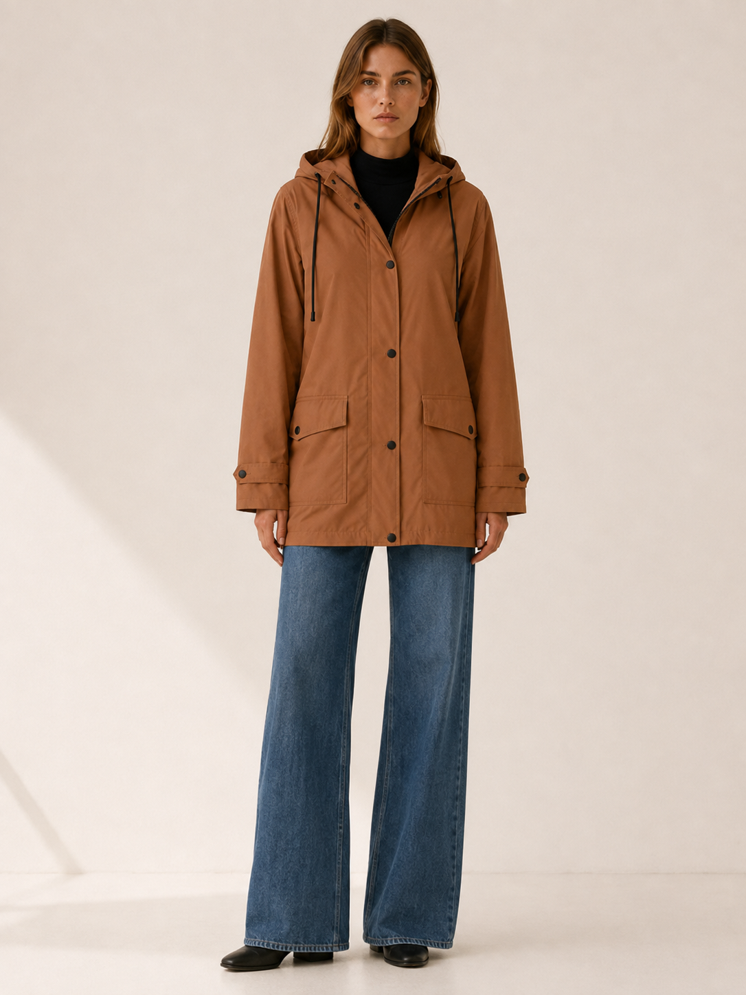 Women's Longline Hooded Rain Jacket with Snap Placket and Flap Pockets