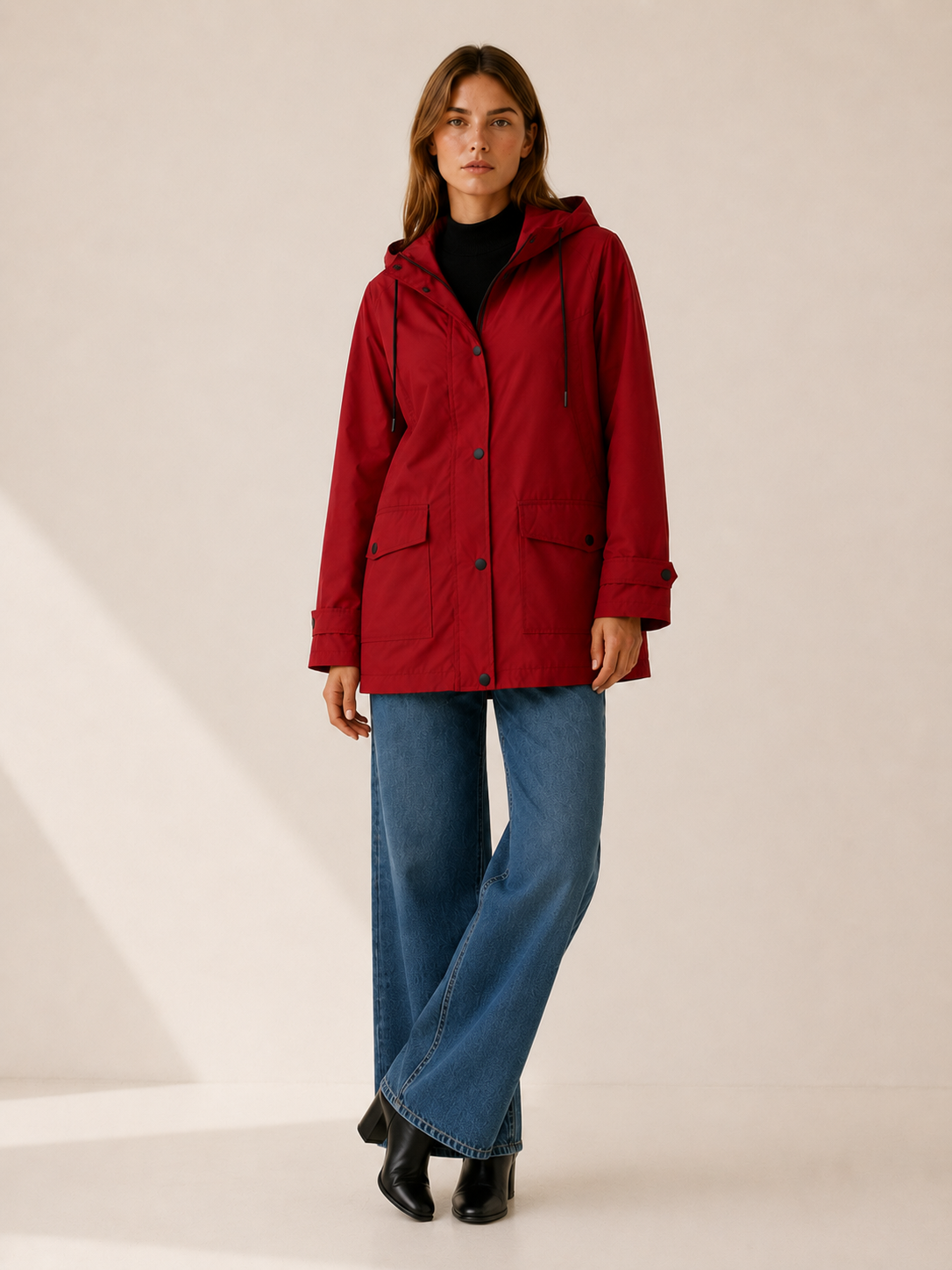 Women's Longline Hooded Rain Jacket with Snap Placket and Flap Pockets