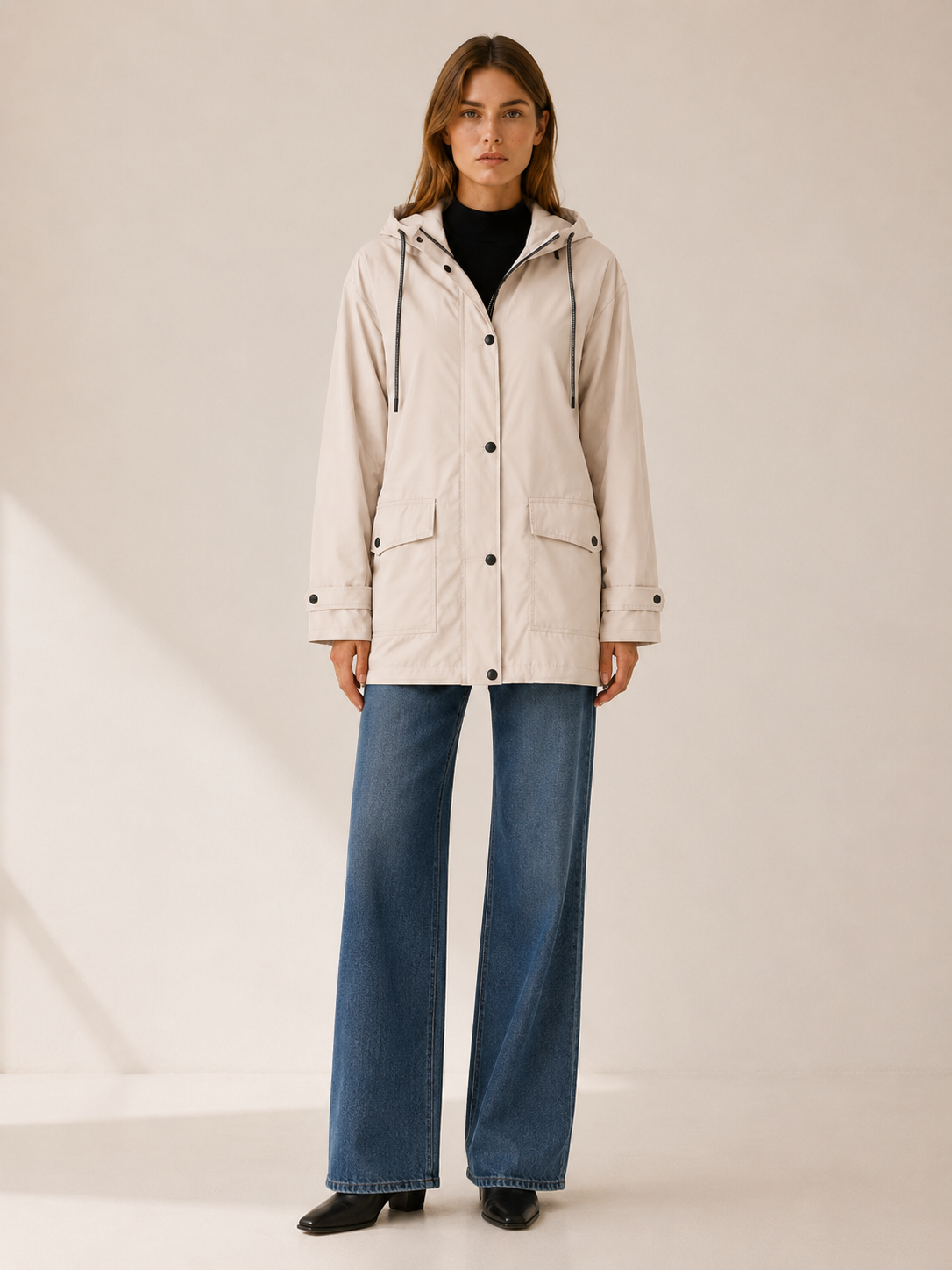 Women's Longline Hooded Rain Jacket with Snap Placket and Flap Pockets