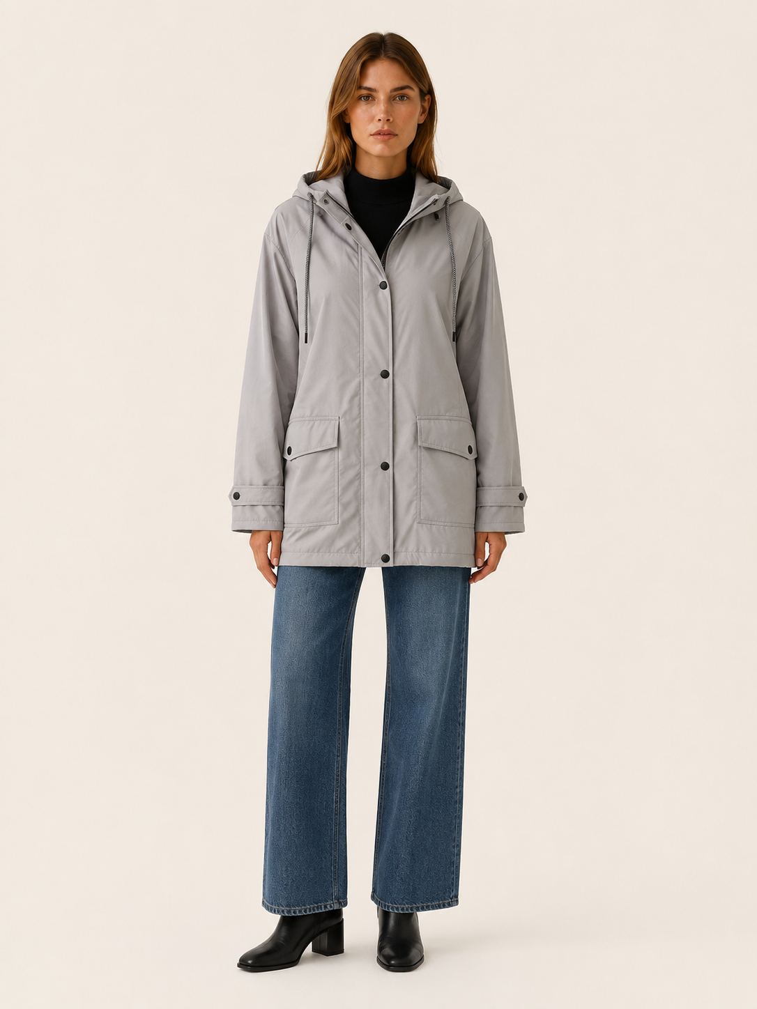Women's Longline Hooded Rain Jacket with Snap Placket and Flap Pockets