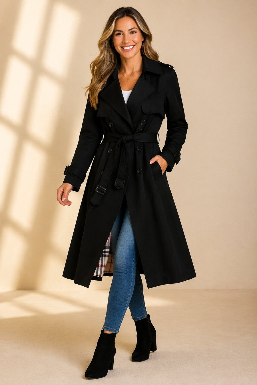 Women's Belted Double Breasted Long Trench Coat With Notch Collar