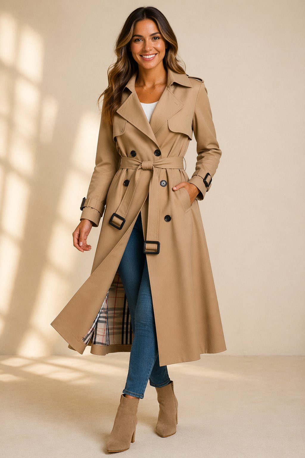 Women's Belted Double Breasted Long Trench Coat With Notch Collar