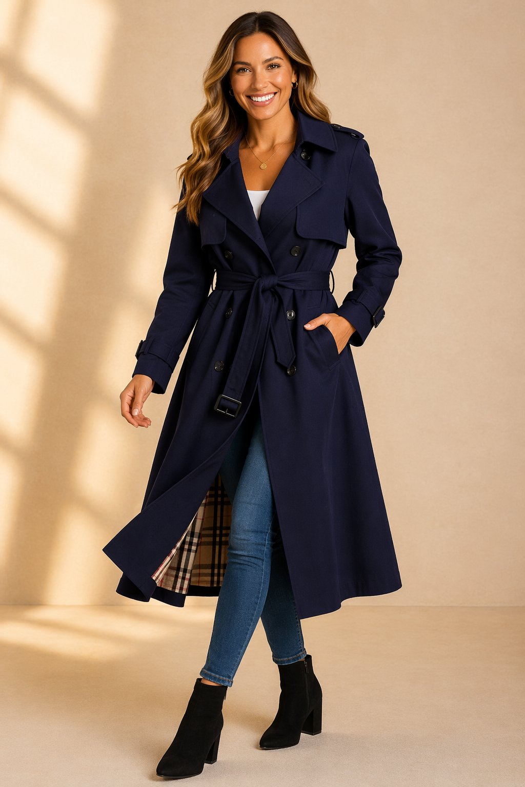Women's Belted Double Breasted Long Trench Coat With Notch Collar