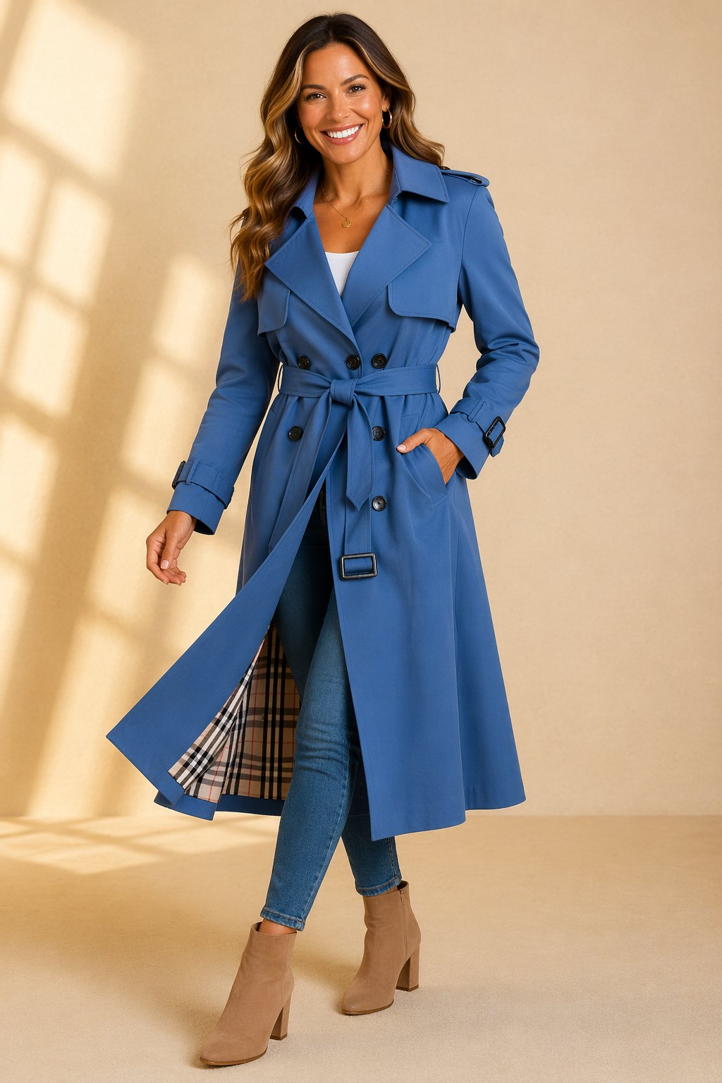 Women's Belted Double Breasted Long Trench Coat With Notch Collar