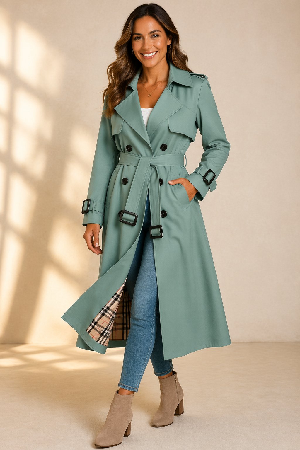 Women's Belted Double Breasted Long Trench Coat With Notch Collar