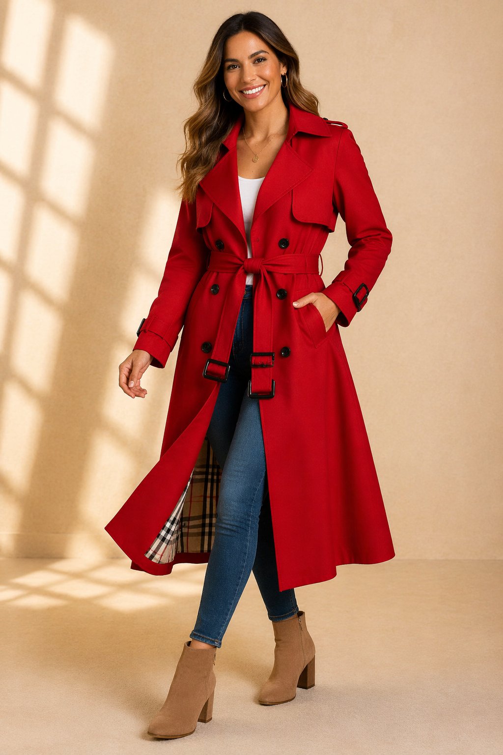 Women's Belted Double Breasted Long Trench Coat With Notch Collar