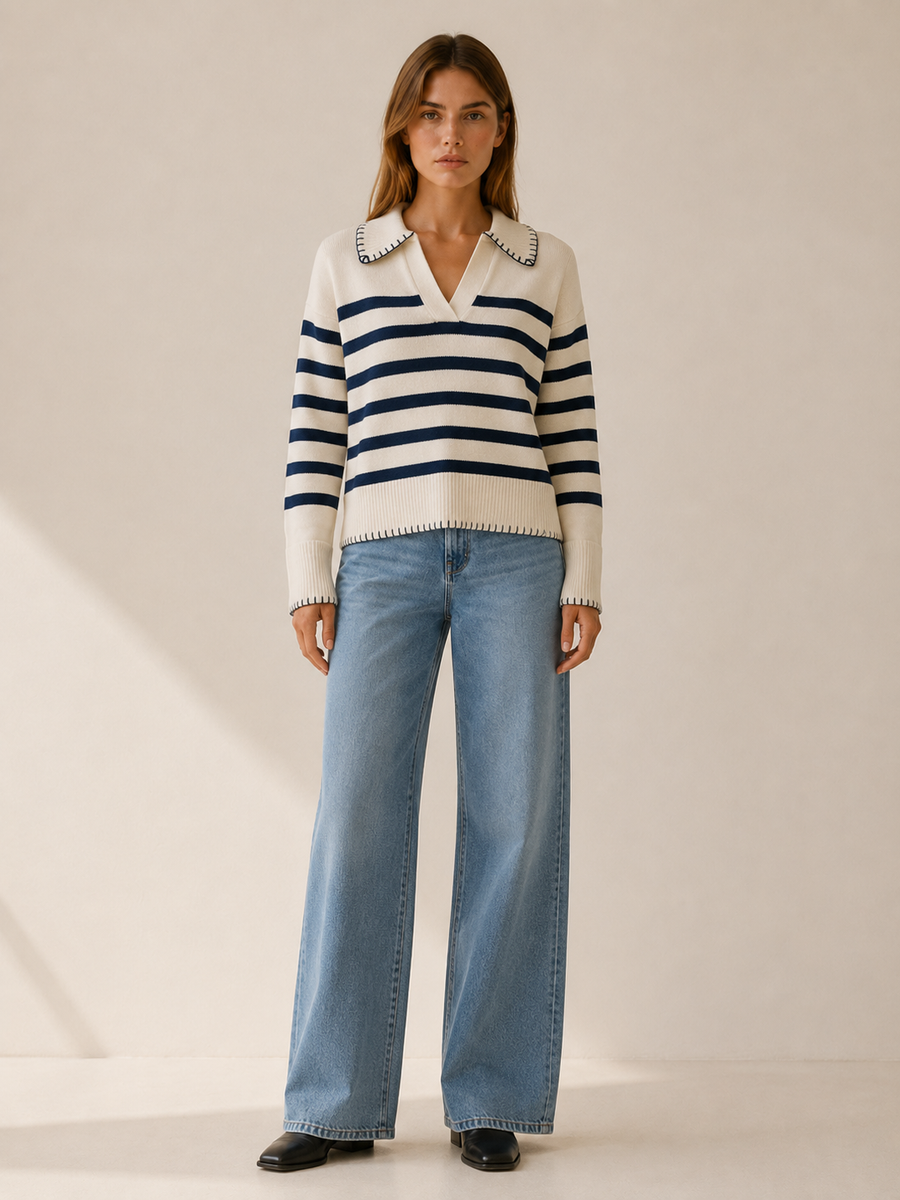Women's Striped Polo Sweater with Contrast Stitched Collar and Ribbed Hem
