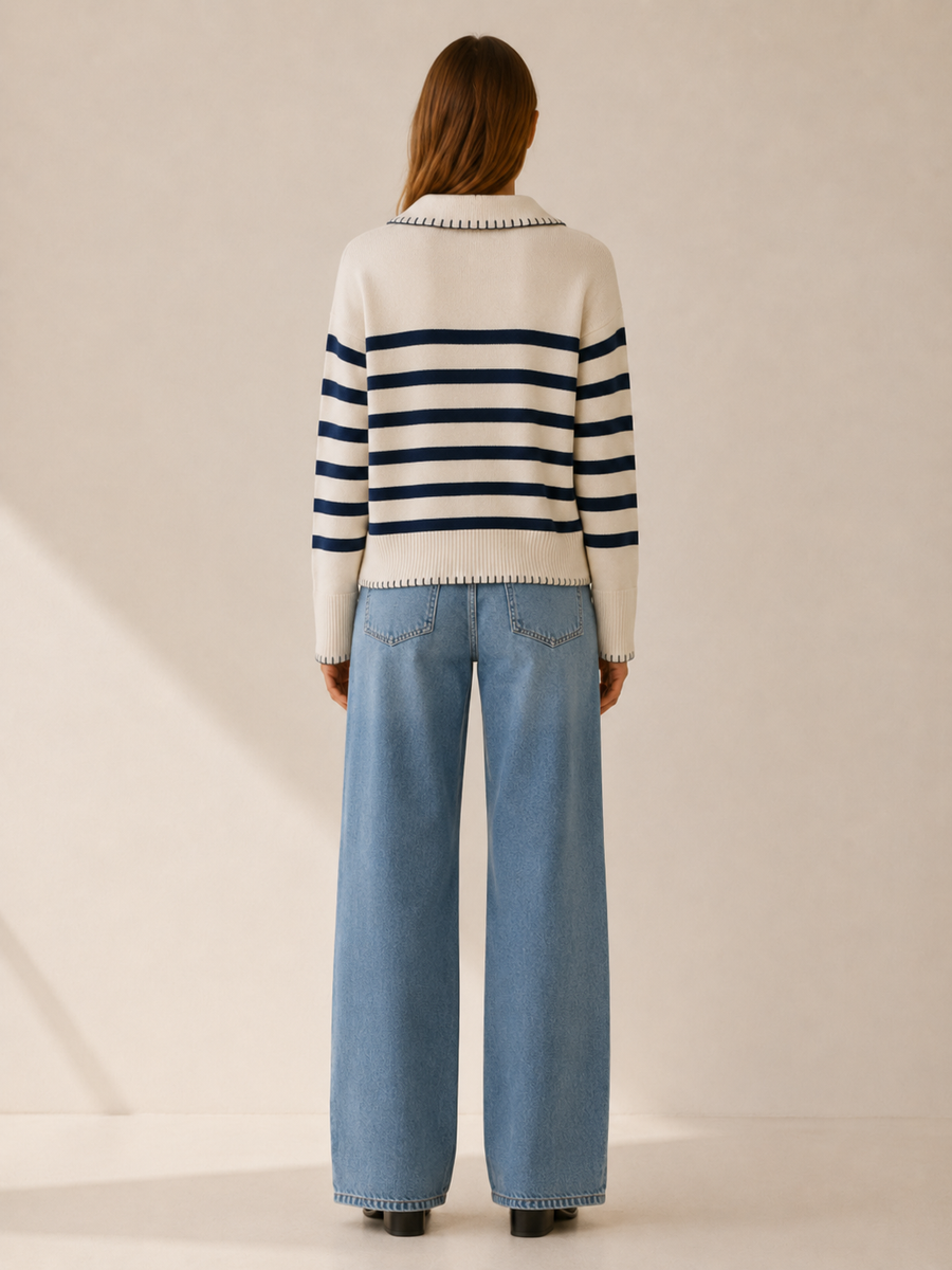 Women's Striped Polo Sweater with Contrast Stitched Collar and Ribbed Hem