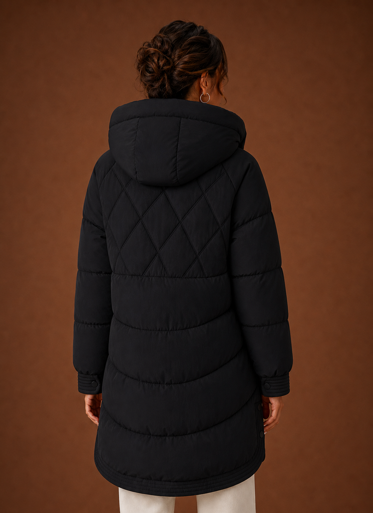 Women's Longline Puffer Jacket with Hood and Diamond Quilting