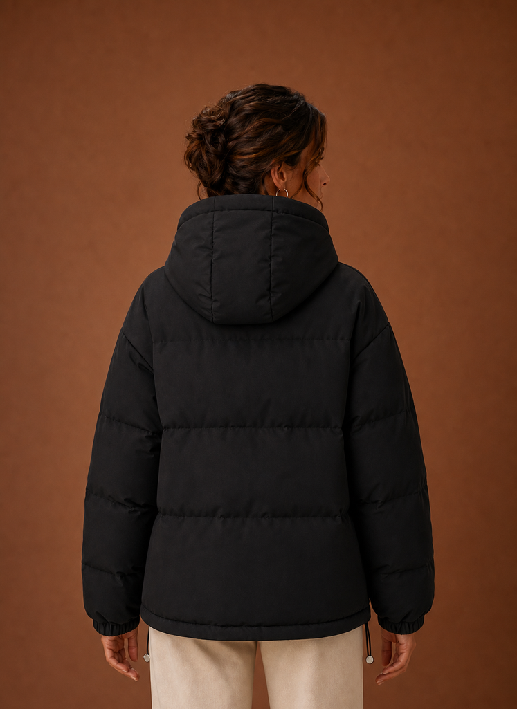 Women's Hooded Puffer Jacket with Snap Button Front and Pockets