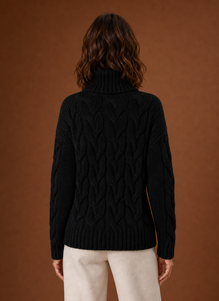Women's Cable Knit Turtleneck Pullover Sweater with Ribbed Cuffs and Hem