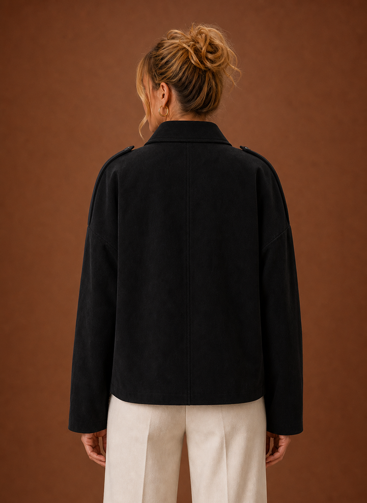 Women's Oversized Suede Jacket with Classic Collar and Zip Front