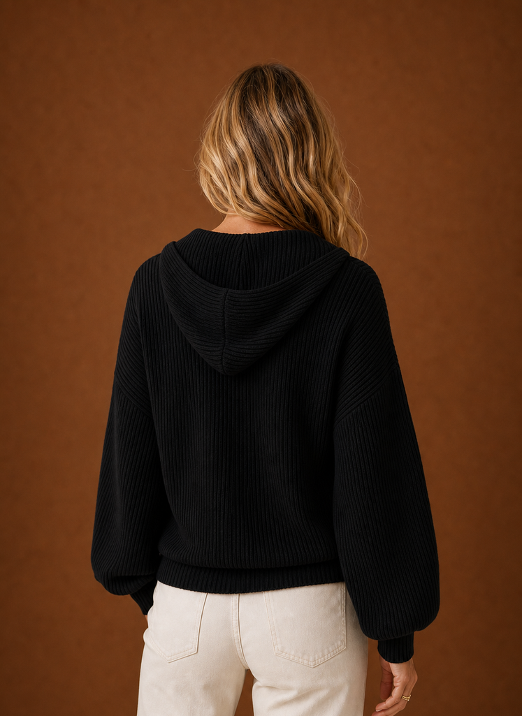 Women's Ribbed Knit Hooded Cardigan with Button Front and Long Sleeves