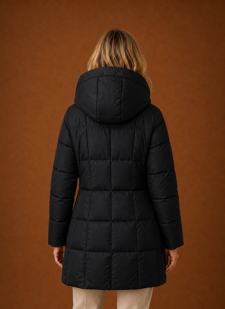 Women's Long Quilted Puffer Coat with Hood and Zip Front