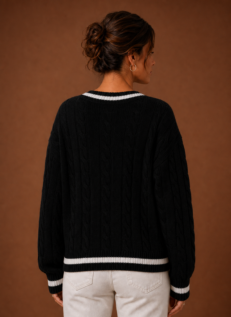 Women's Cable Knit V Neck Pullover Sweater with Contrast Stripe Trim