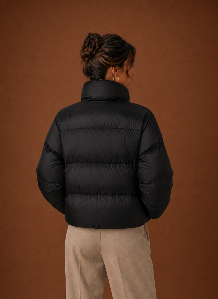 Women's Quilted Puffer Jacket with High Collar and Zip Front
