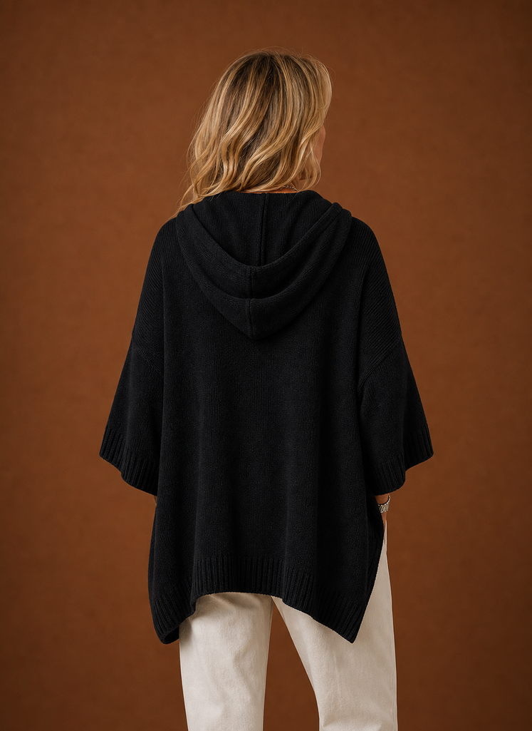 Women's Oversized Hooded Poncho Pullover with Ribbed Trim and Drawstring