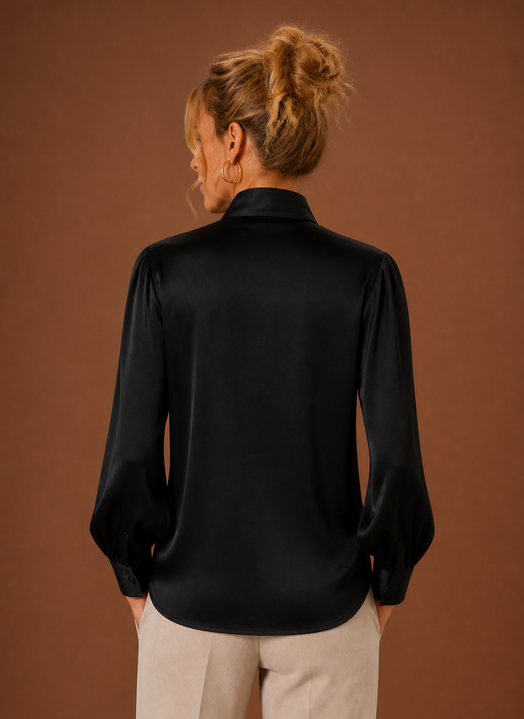 Women's Satin Blouse with Bow Tie Neck and Long Cuff Sleeves