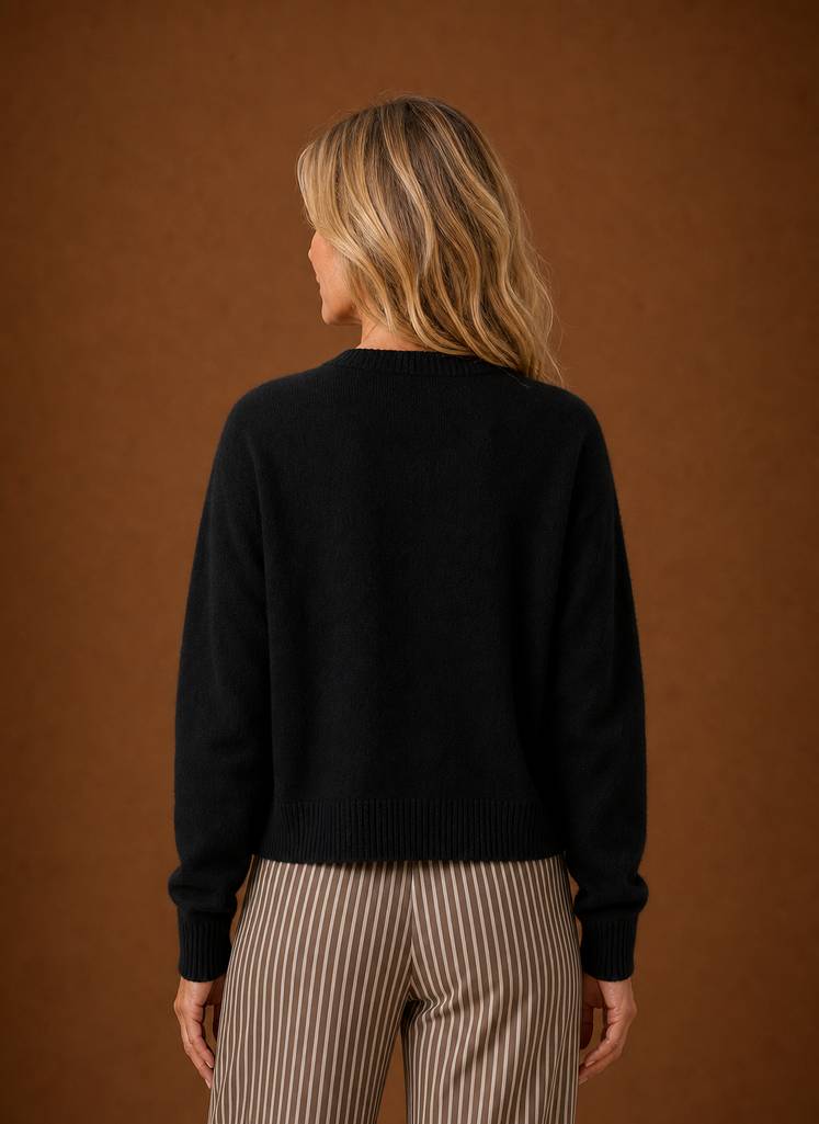 Women's Crew Neck Knit Cardigan with Button Front and Ribbed Details