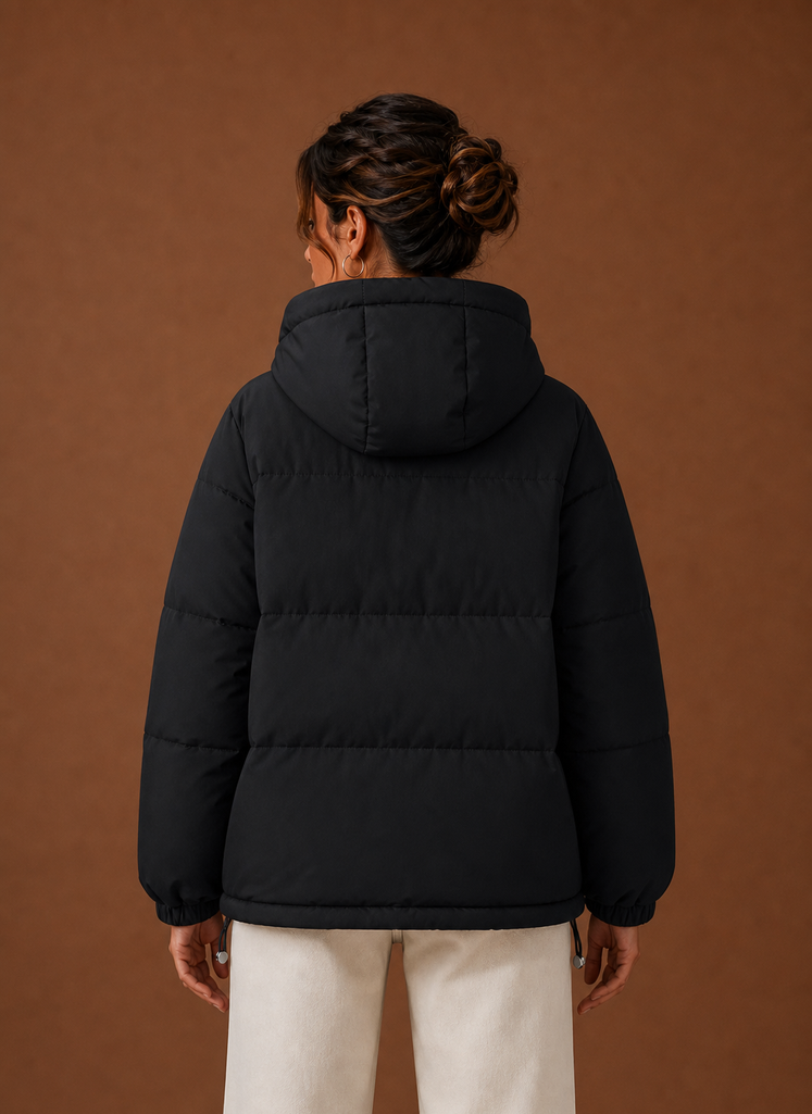 Women's Hooded Puffer Jacket with Snap Button Front and Pockets