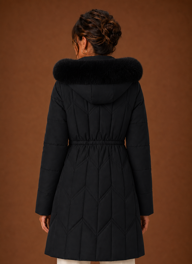 Women's Long Puffer Coat with Faux Fur Trim Hood and Drawstring Waist