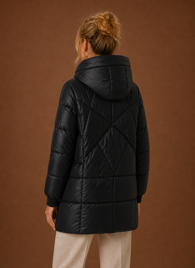 Women's Long Quilted Puffer Jacket with Hood and Snap Button Front