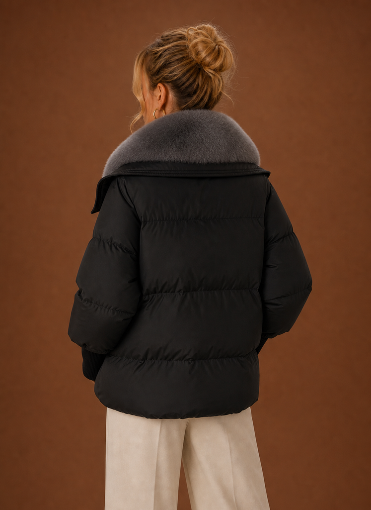 Women's Quilted Puffer Coat with Faux Fur Collar and Waist Toggles