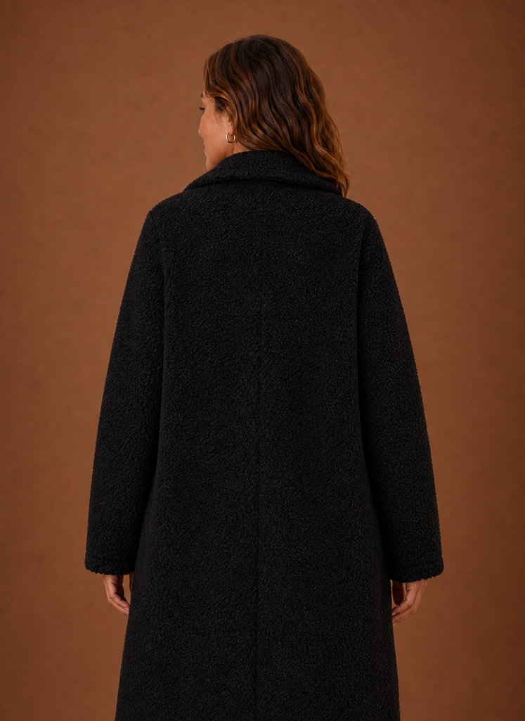 Women's Long Teddy Coat with Notch Lapel and Front Pockets