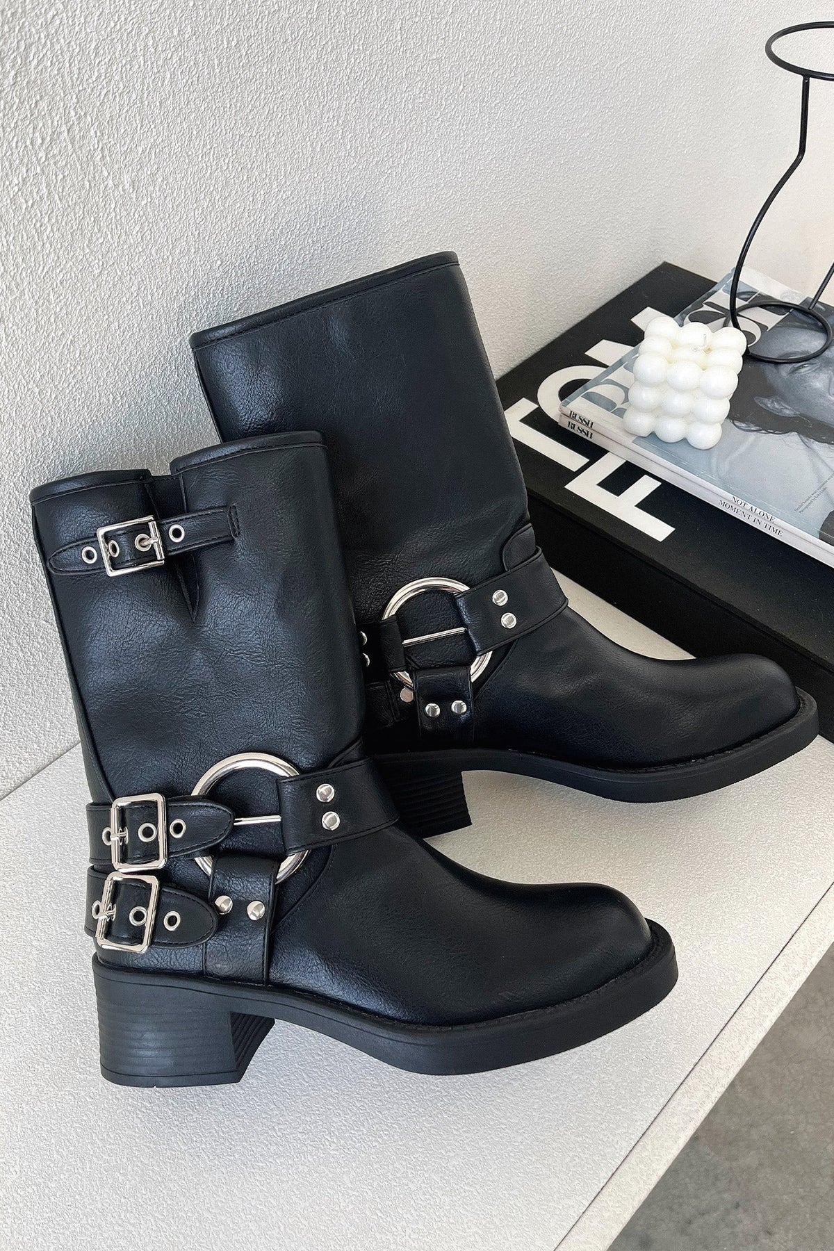 Women's Mid Calf Moto Boots with Buckle Straps and Metal Rings