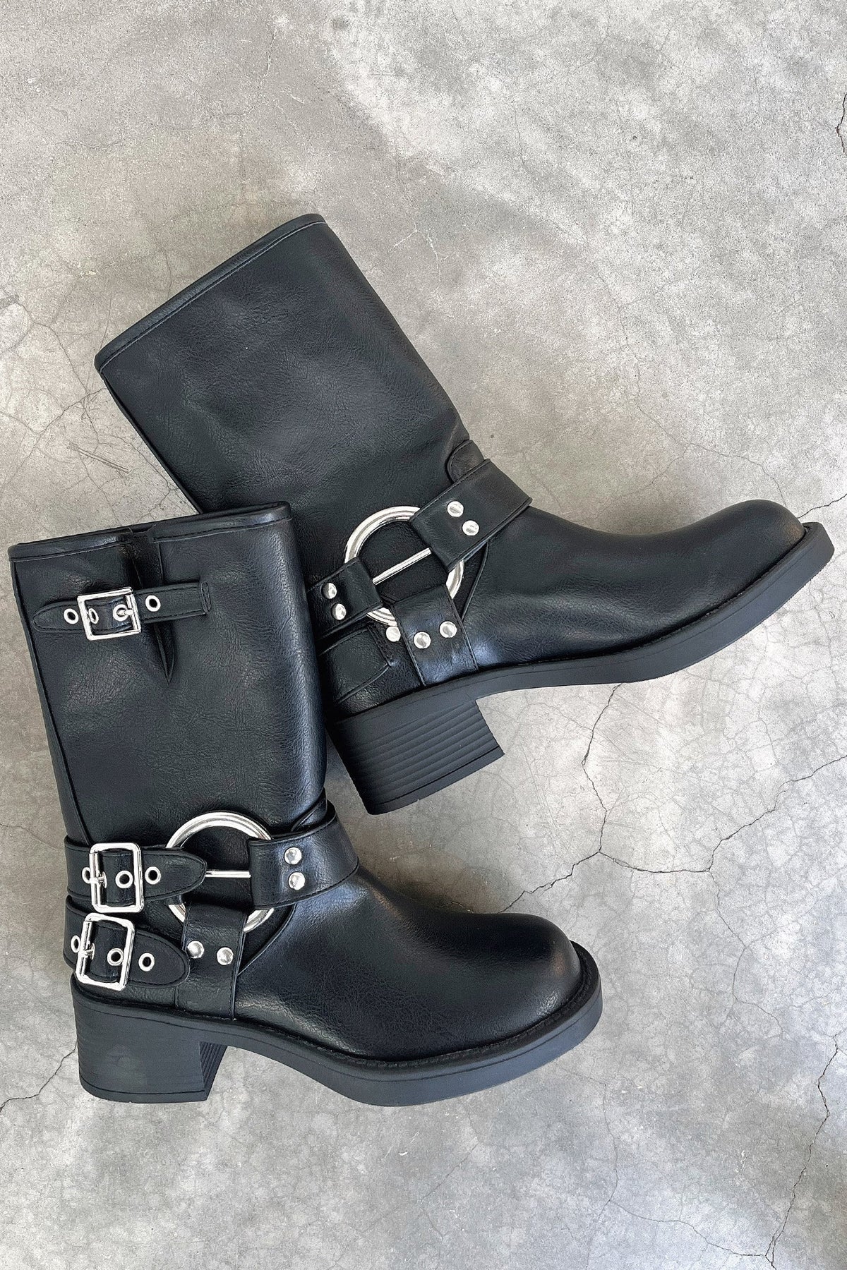 Women's Mid Calf Moto Boots with Buckle Straps and Metal Rings