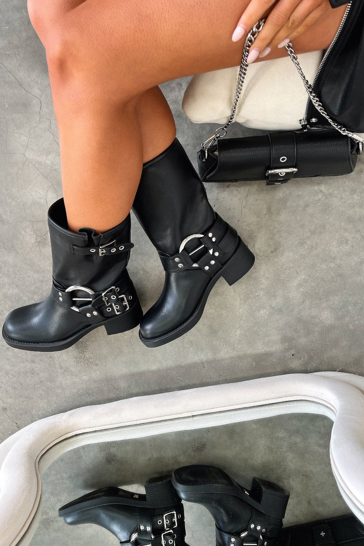 Women's Mid Calf Moto Boots with Buckle Straps and Metal Rings