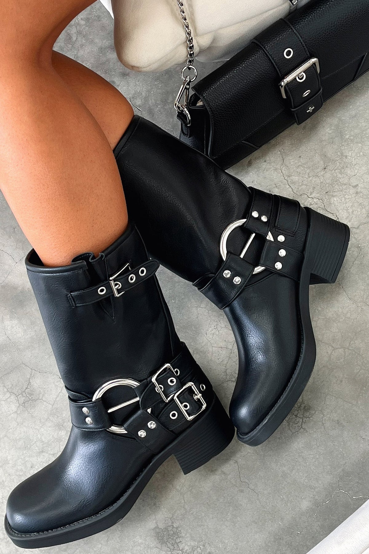 Women's Mid Calf Moto Boots with Buckle Straps and Metal Rings