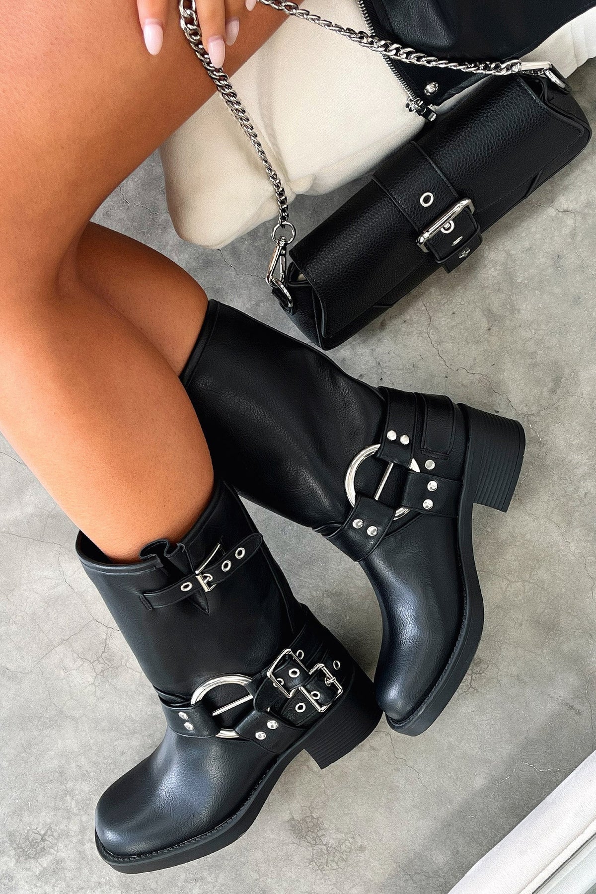 Women's Mid Calf Moto Boots with Buckle Straps and Metal Rings