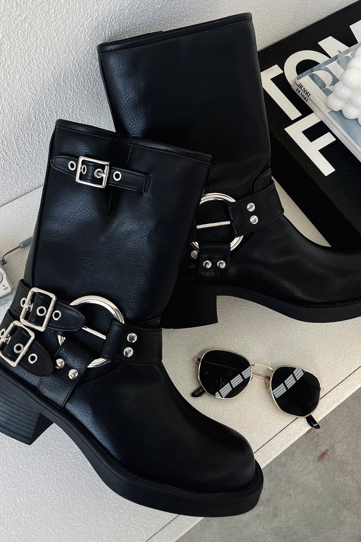 Women's Mid Calf Moto Boots with Buckle Straps and Metal Rings