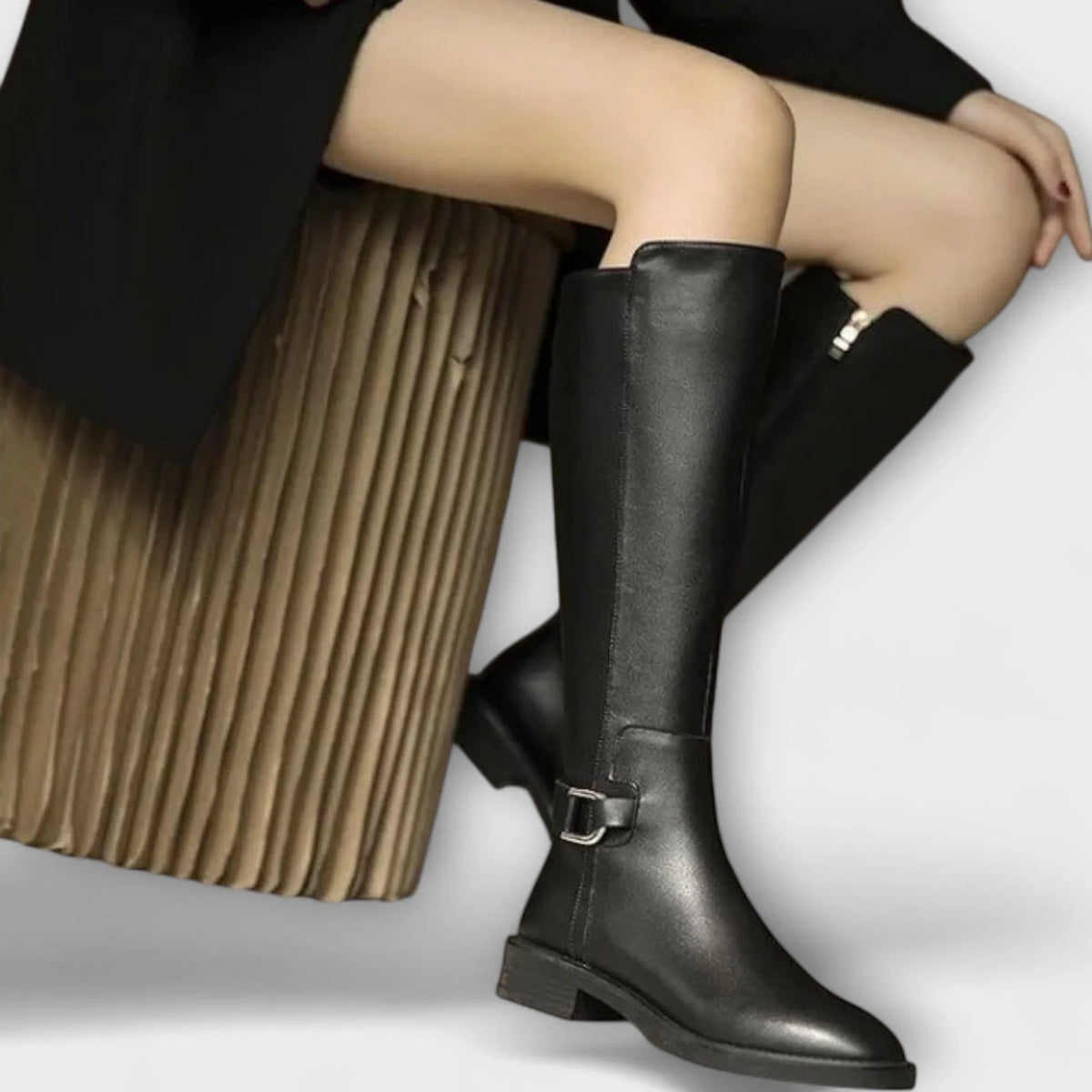 Women's Knee High Leather Boots with Side Zip and Buckle Strap