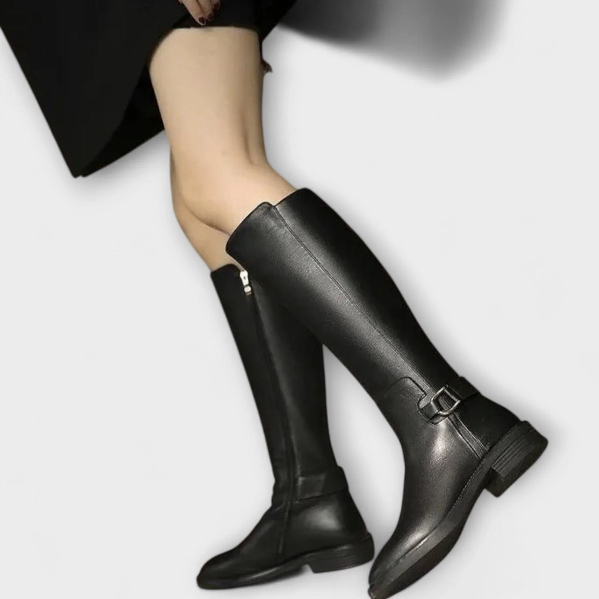 Women's Knee High Leather Boots with Side Zip and Buckle Strap