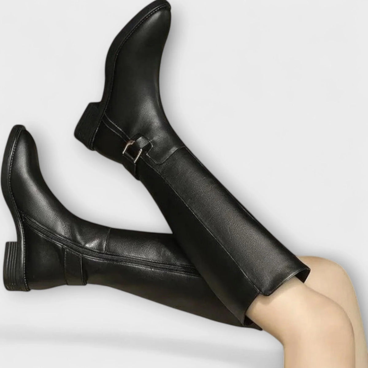 Women's Knee High Leather Boots with Side Zip and Buckle Strap