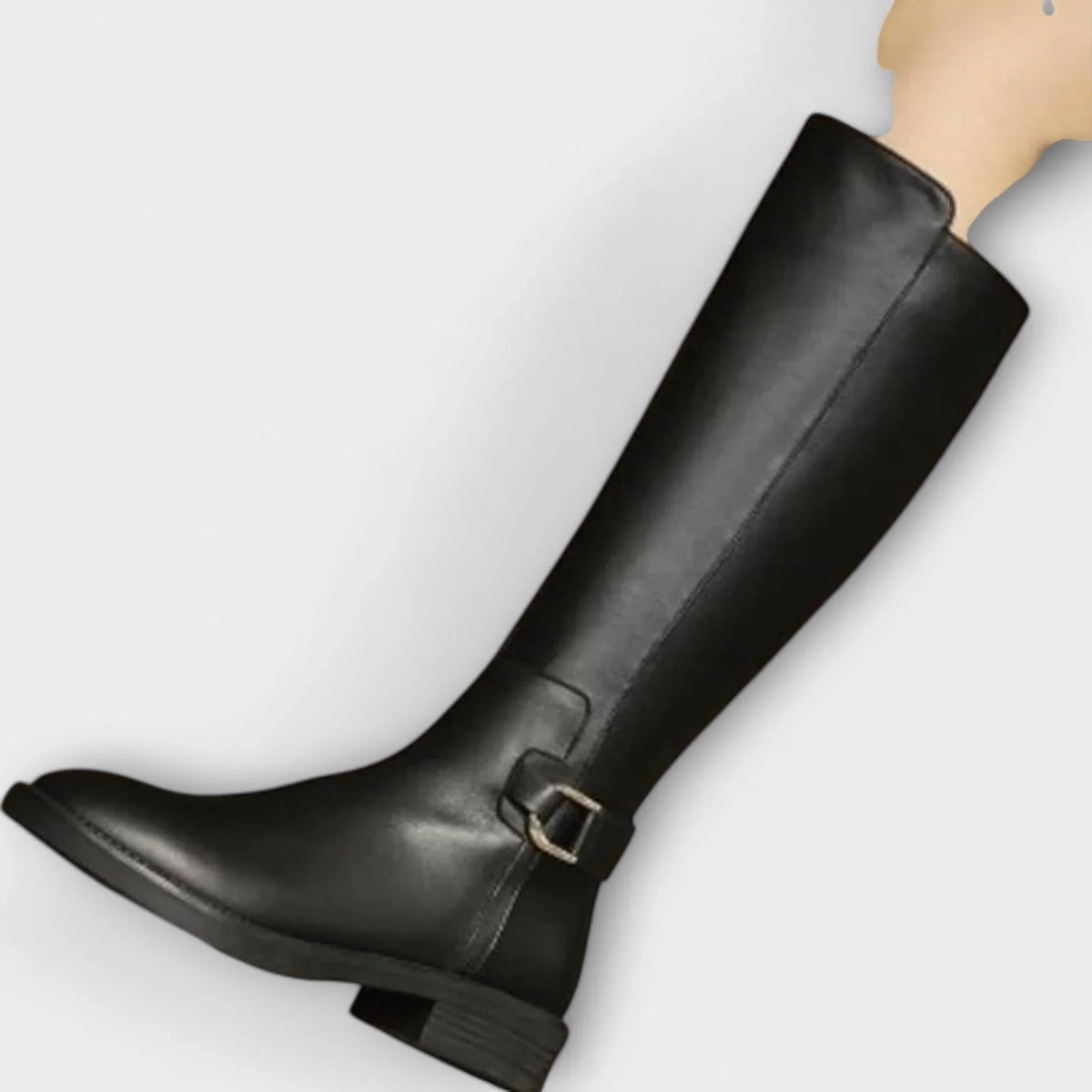 Women's Knee High Leather Boots with Side Zip and Buckle Strap