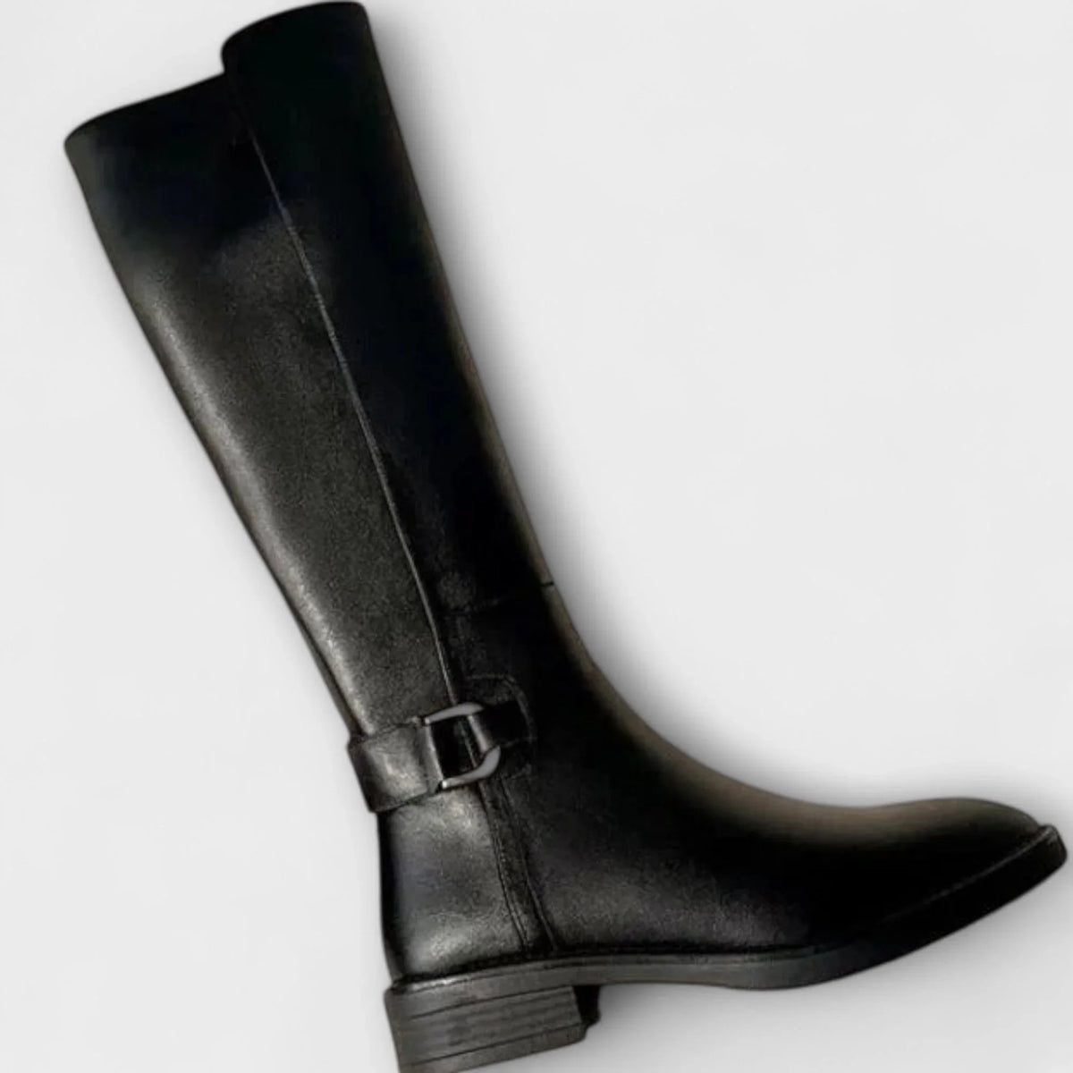 Women's Knee High Leather Boots with Side Zip and Buckle Strap
