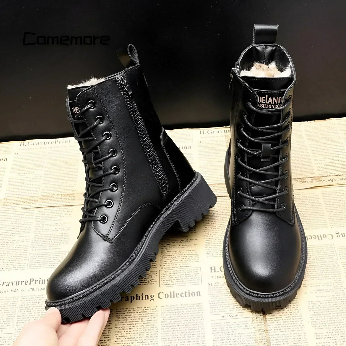 Women's Lace Up Combat Boots with Warm Lining and Lug Sole