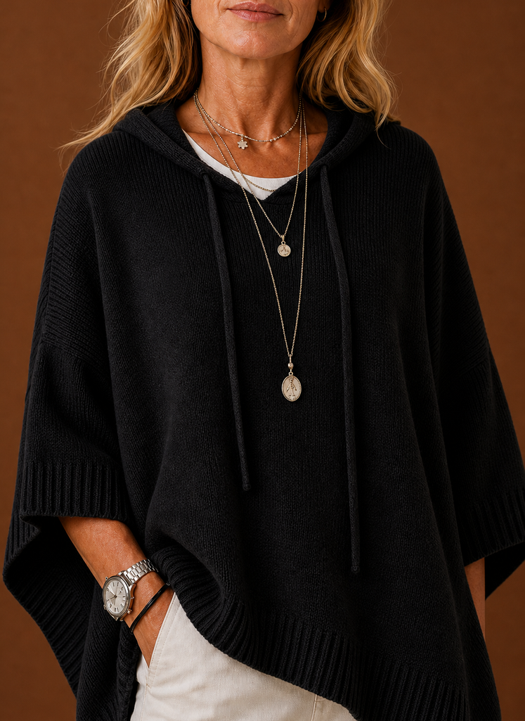 Women's Oversized Hooded Poncho Pullover with Ribbed Trim and Drawstring