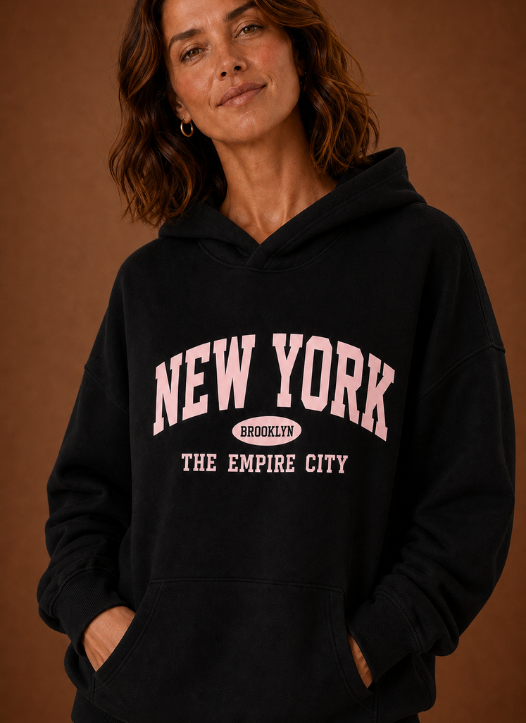 Women's Oversized Pullover Hoodie with New York Graphic Print