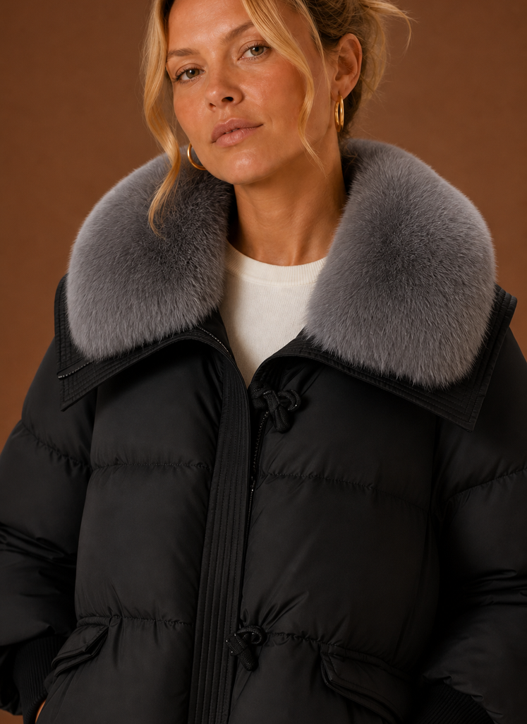 Women's Quilted Puffer Coat with Faux Fur Collar and Waist Toggles