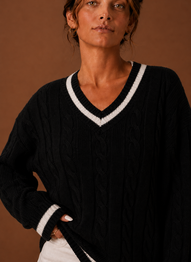 Women's Cable Knit V Neck Pullover Sweater with Contrast Stripe Trim